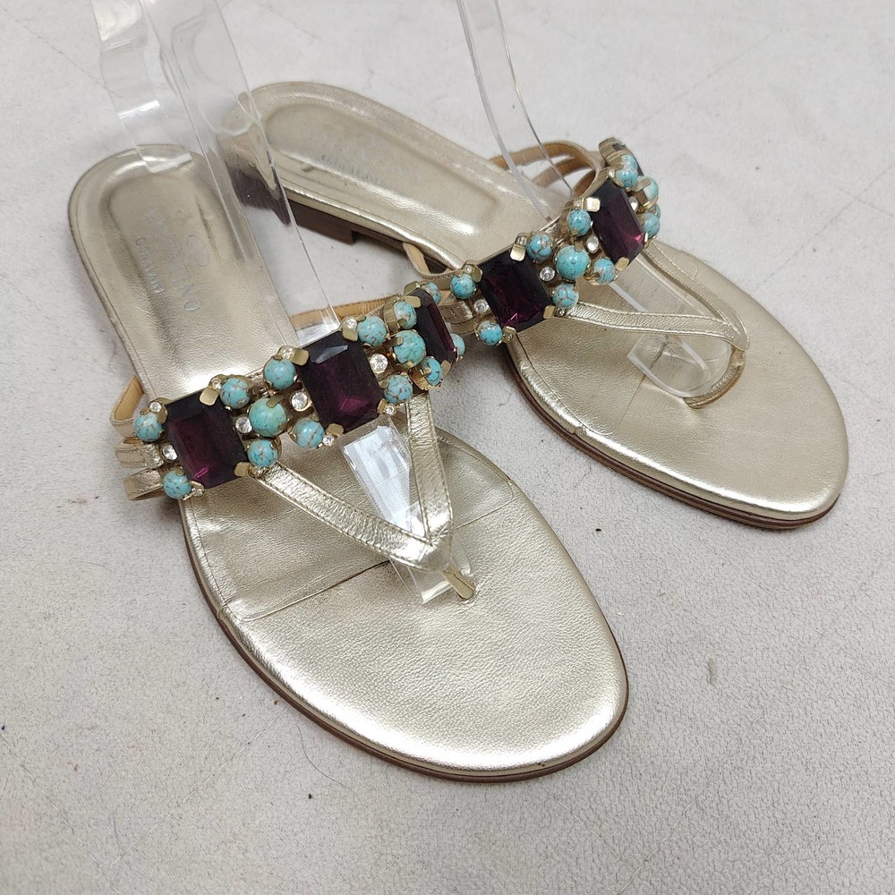 Valentino Garavani Jeweled Sandals Womens 40 US 10 Silver Leather Strappy Flats